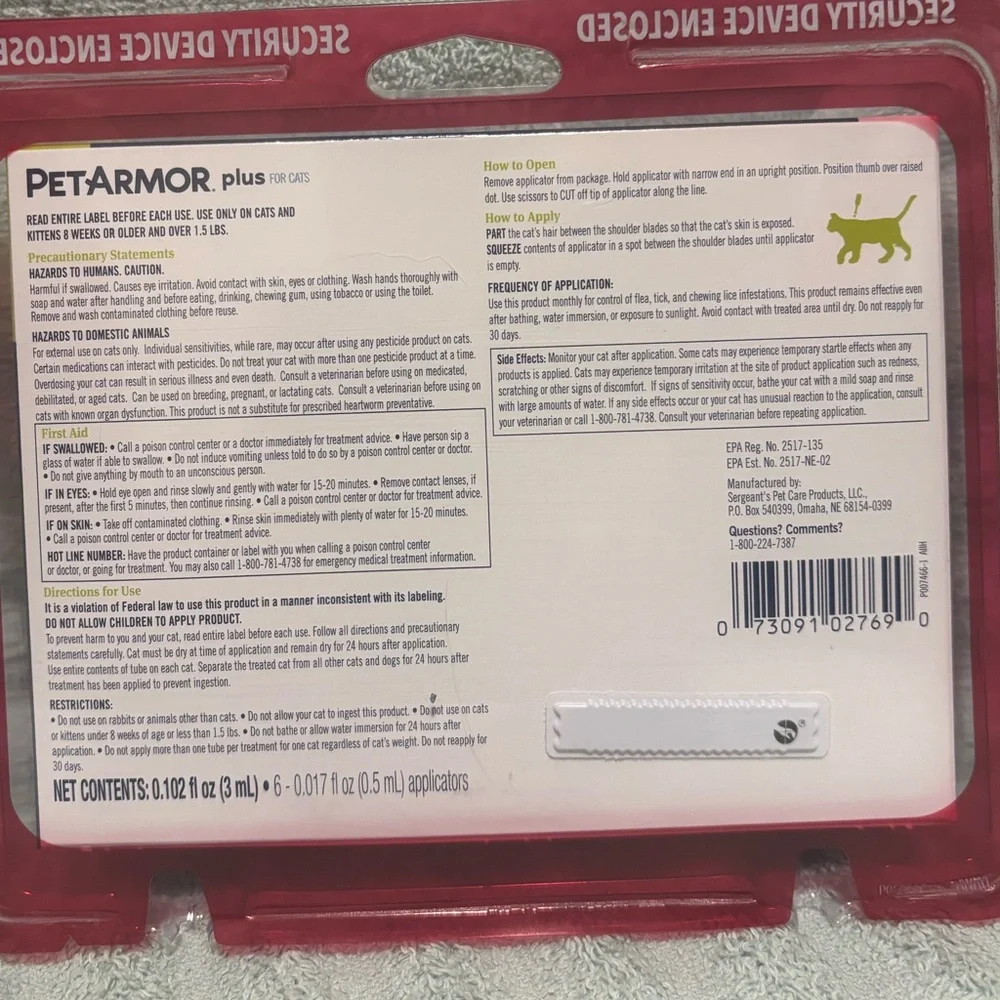 Flea & Tick Treatment Cats — Pet Armor Plus. Over 1.5 lbs. 8 weeks + NEW - Picture 4 of 9